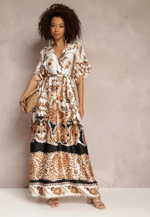 Sukienki - Czarno-Kremowa Kopertowa Sukienka Maxi z Gumką w Talii i Rozkloszowanym Dołem Jeanina - grafika 1