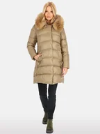 Kurtki damskie - Długa puchowa pikowana kurtka damska z futrem jenota S Tabaczkowy - miniaturka - grafika 1