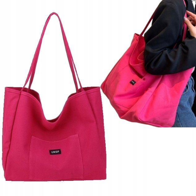 TORBA MATERIAŁOWA DAMSKA WZMOCNIONA NA RAMIĘ RÓŻOWA DUŻA MOCNA UNSP 33x31cm