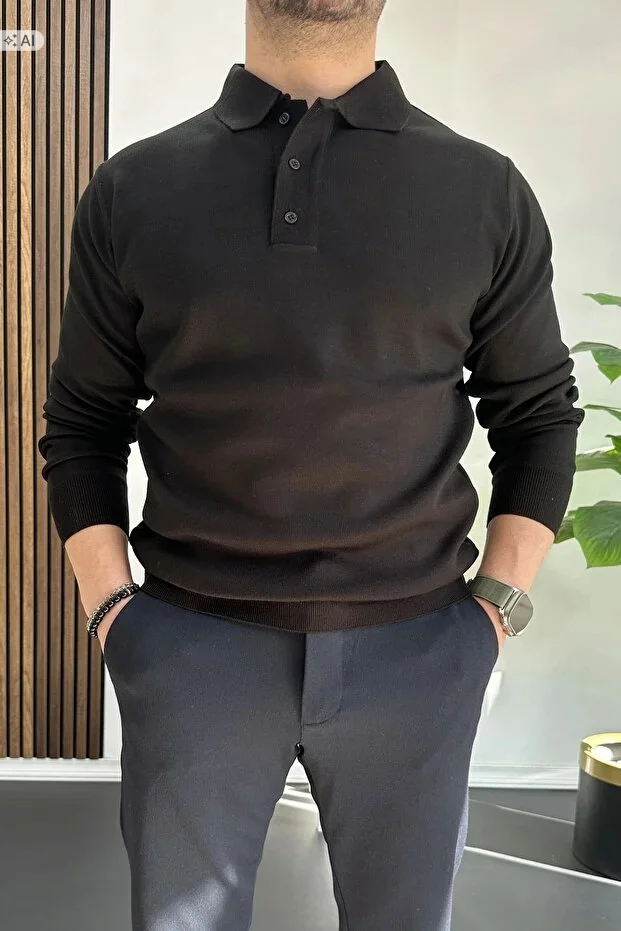 GŁADKI MĘSKI SWETER POLO Z DŁUGIM RĘKAWEM ELEGANCKI M 5IA