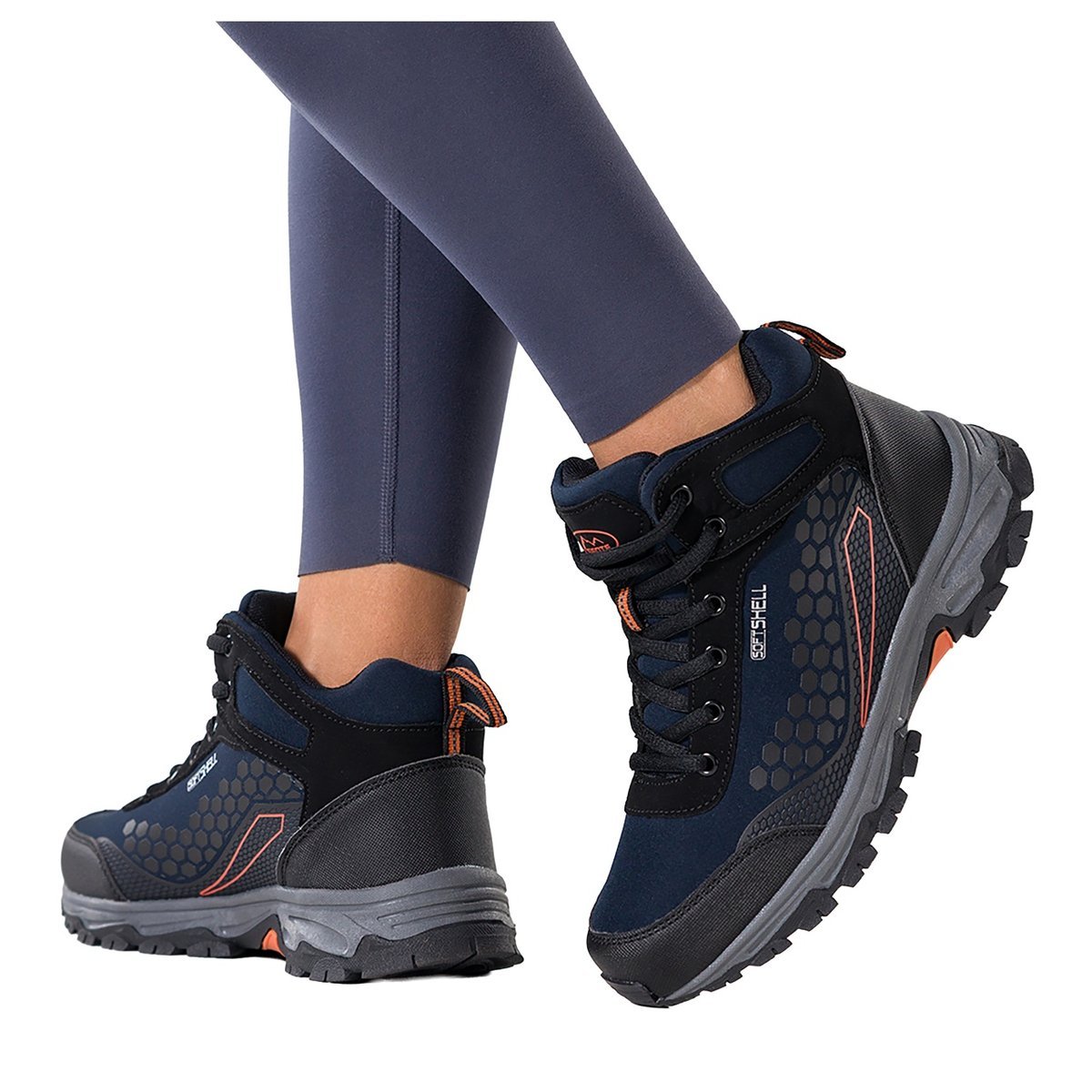 Granatowe buty trekkingowe damskie softshell z pomarańczowymi dodatkami wysokie sznurowane Casu Y8186-4-36