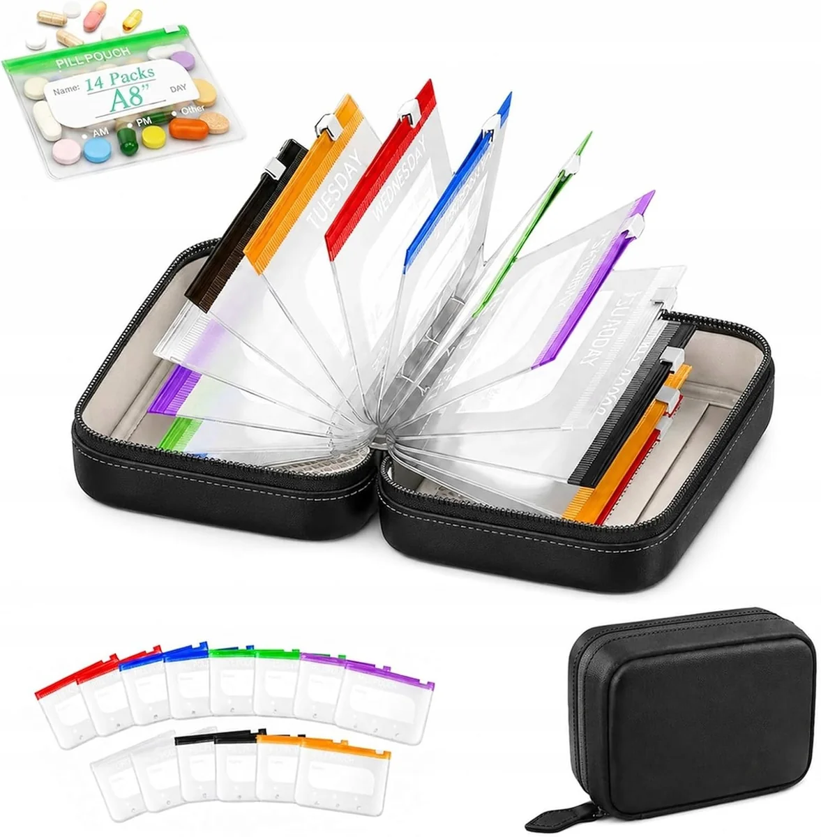 ORGANIZER NA TABLETKI WODOODPORNY PU ETUI LEKI WITAMINY 14 WORECZKÓW