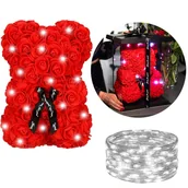 Sztuczne kwiaty - Miś Z Róż 25 Cm Czerwony Z Czarną Kokardką I Pudełkiem Miś Różany Led Zimny Biały - miniaturka - grafika 1