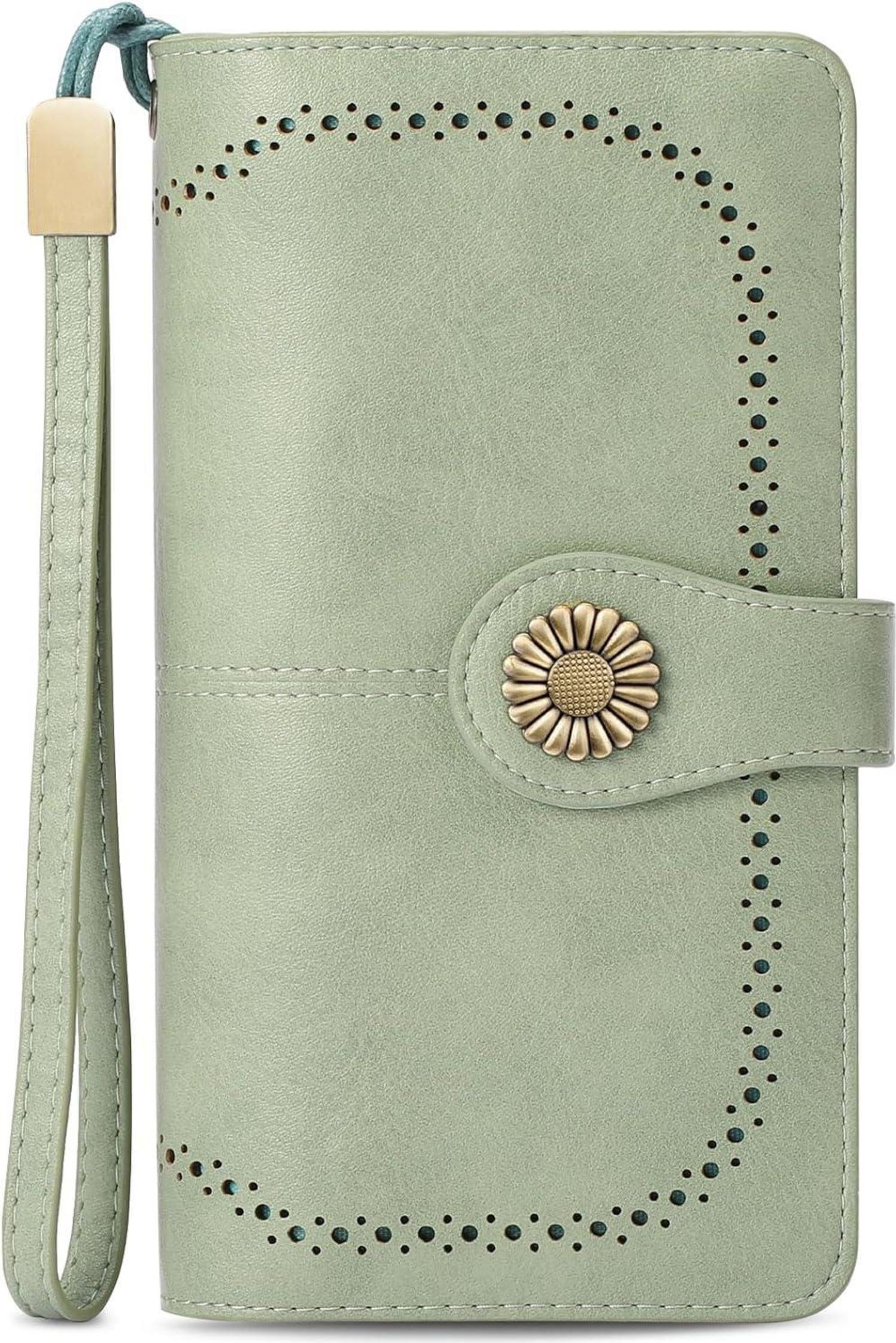 TEUEN portfel damski skórzany ochrona RFID wiele przegródek zielony