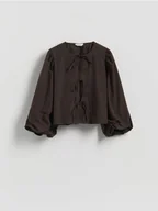 Bluzki damskie - Reserved - Bawełniana bluzka z wiązaniem - ciemnobrązowy - miniaturka - grafika 1