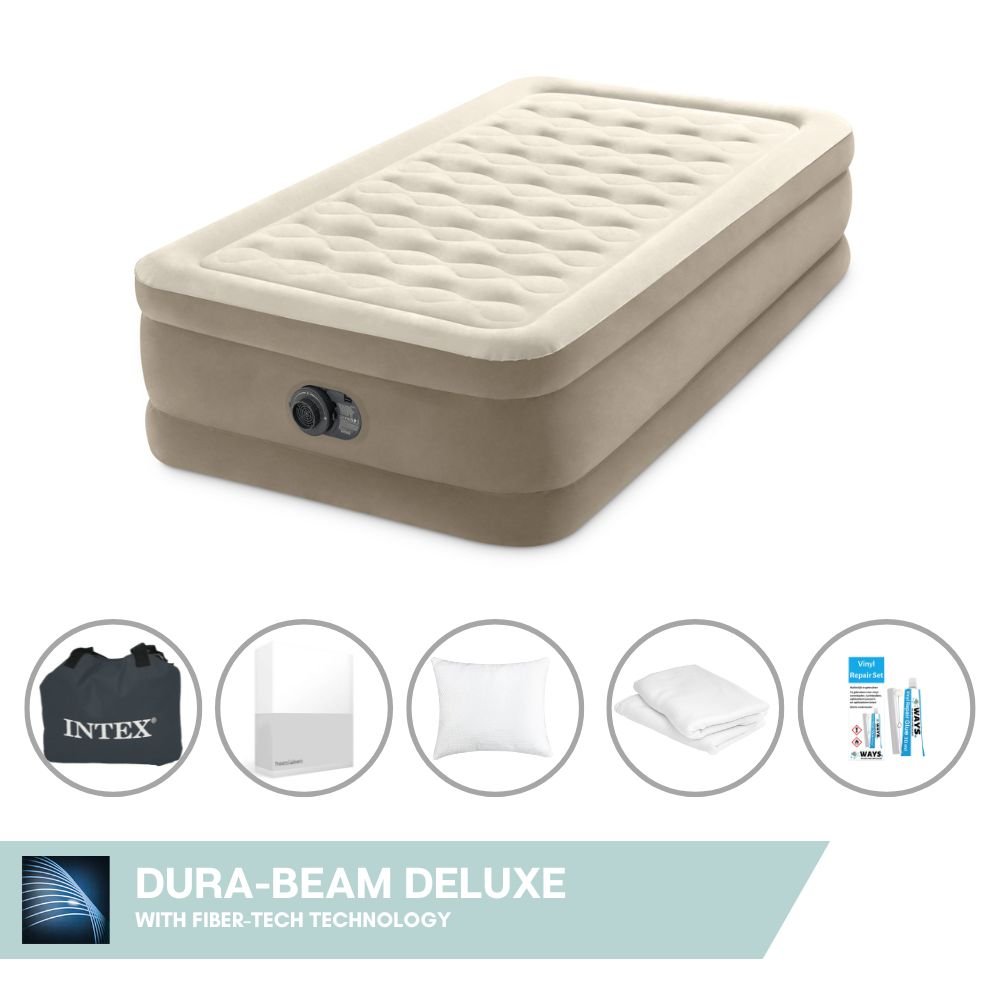 Łóżko dmuchane Intex - 1 osoba - 99 x 191 x 46 cm - Beżowe - Z wbudowaną pompką + prześcieradło białe + poduszka + poszewki Molton 2 w 1 + zestaw naprawczy