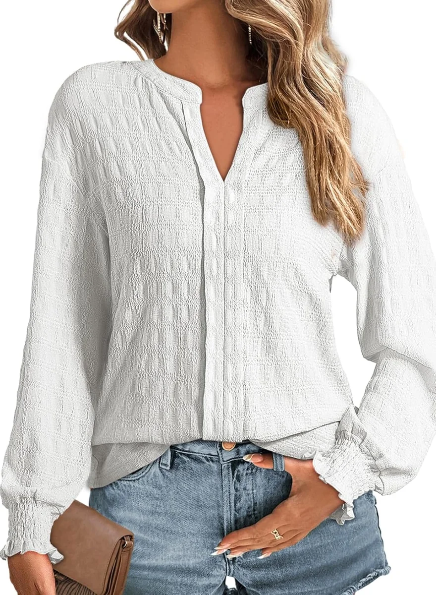 Bluzka Damska V-Neck Długi Rękaw Elegancka Casualowa Stylowa Biała XL