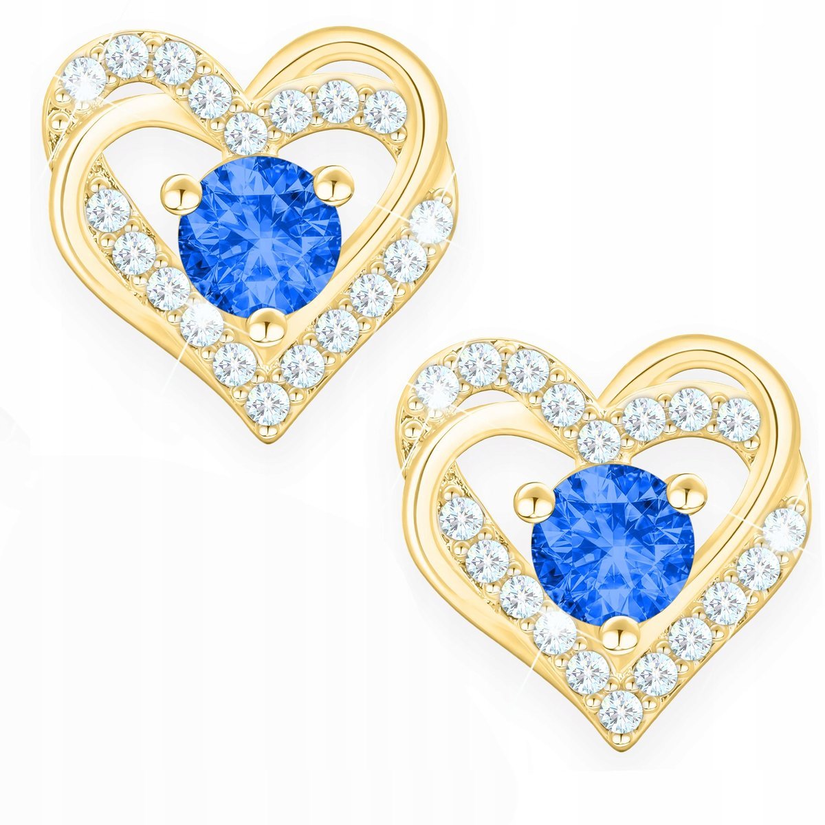 Złote Kolczyki Serca z Niebieskim Oczkiem Cyrkonie Serduszka SREBRO 925