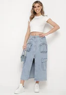 Spódnice - Niebieska Jeansowa Spódnica z Wieloma Kieszeniami Zapinana na Suwak z Rozcięciem Viviancella - miniaturka - grafika 1