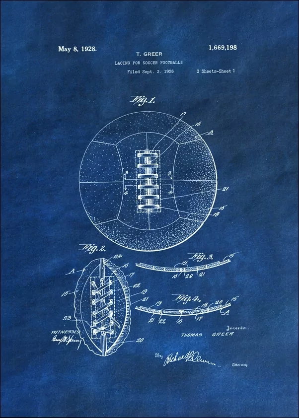 Patent, Retro Piłka Nożna projekt z 1926 Niebieski - plakat Wymiar do wyboru: 70x100 cm