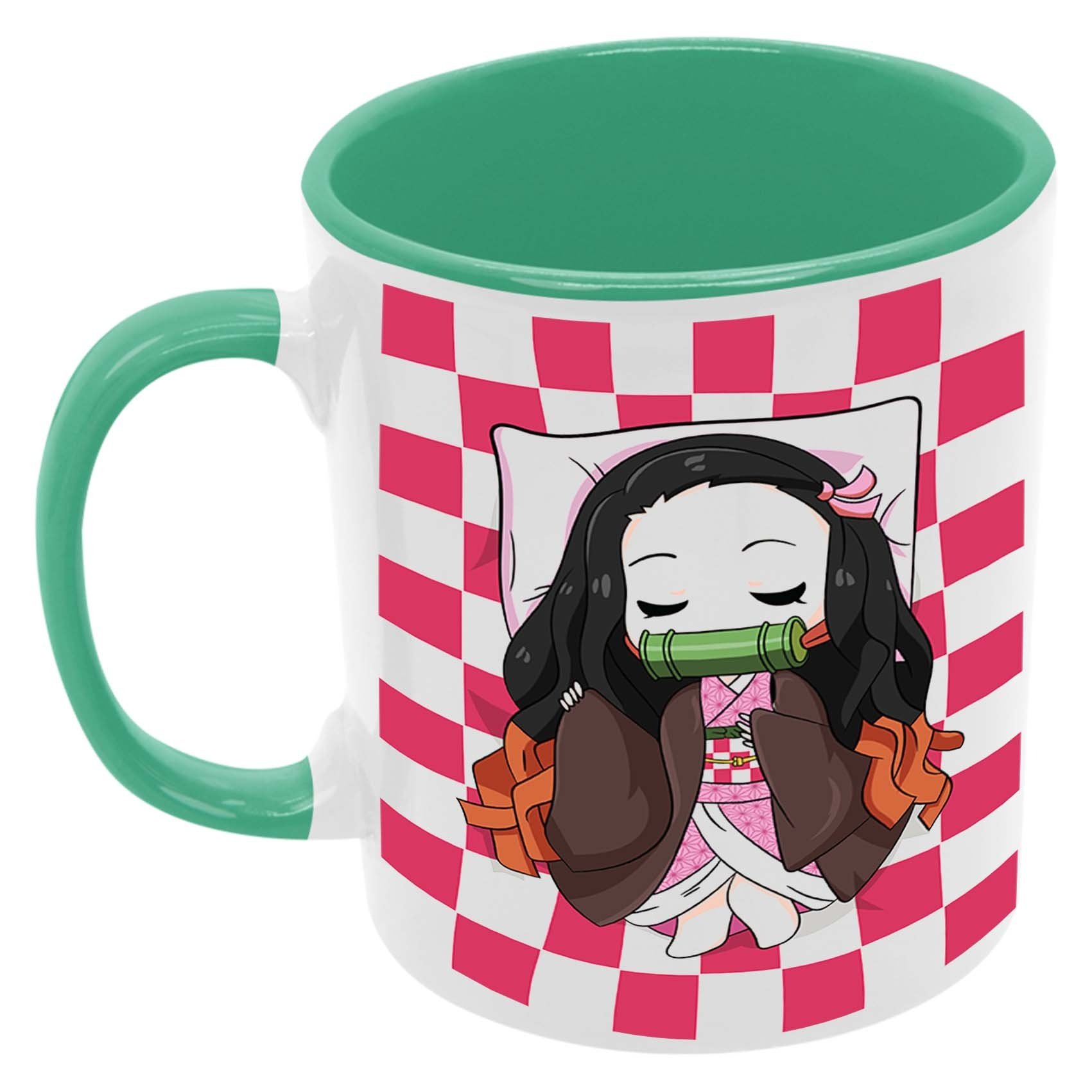 Nezuko Chibi Sleep Kubek Ceramiczny Prezent Tasse Mug Anime Manga Japan Animation Demon Slayer Tanjiro Nezuko Kamado Zenitsu Inosuke Tomioka Gyuu Shinobu Kocho Akaza, Zielony 330 ml