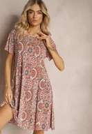 Sukienki - Pomarańczowa Krótka Sukienka w Stylu Boho z Elastycznej Wiskozy z Krótkimi Rękawami Ailoni - miniaturka - grafika 1