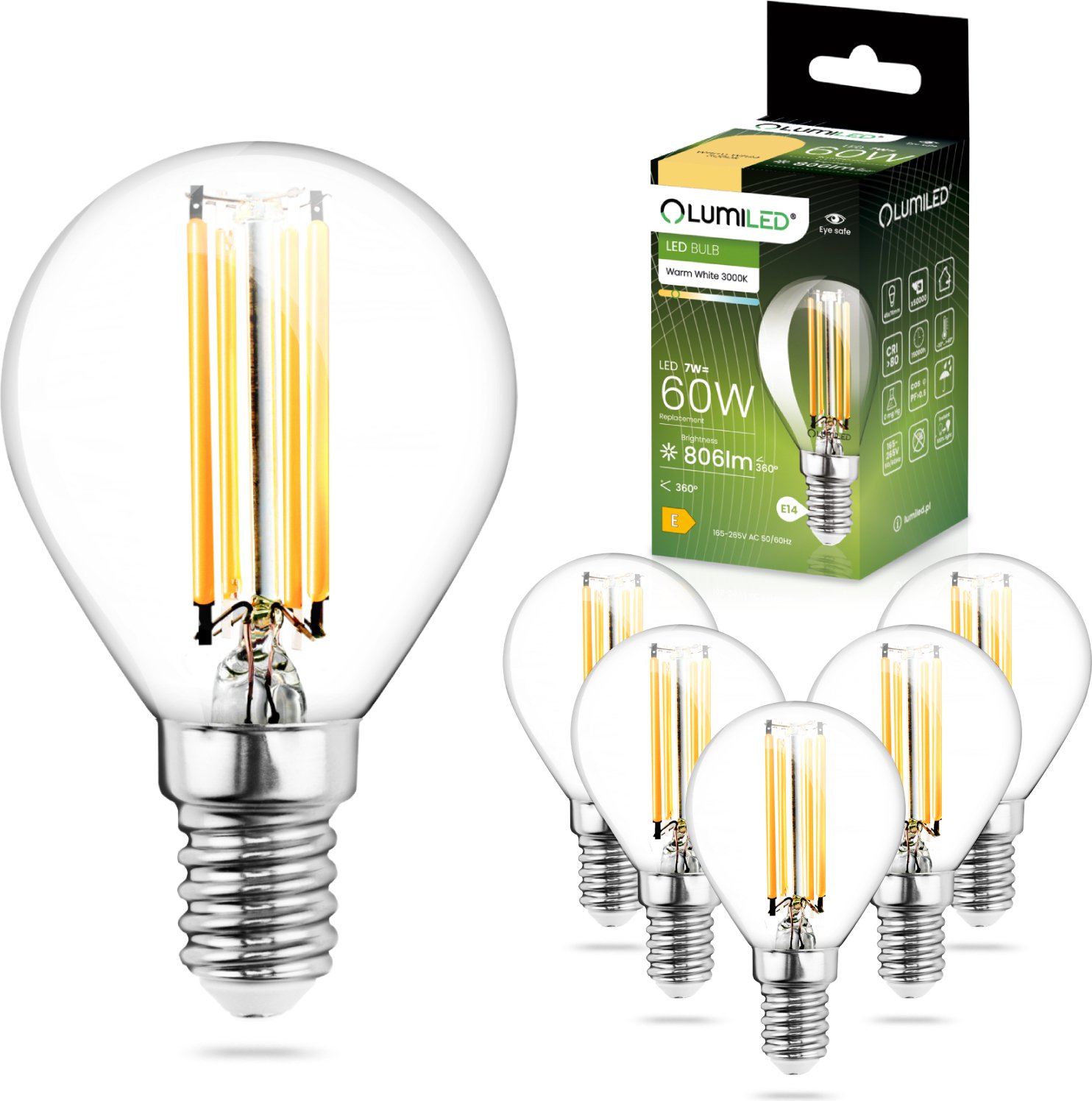 LUMILED Żarówki LED E14 P45 7W zastępuje 60W 6 sztuk 806lm 3000K Ciepła biel 360° 230V Żarówka LED w kształcie kropli kuli