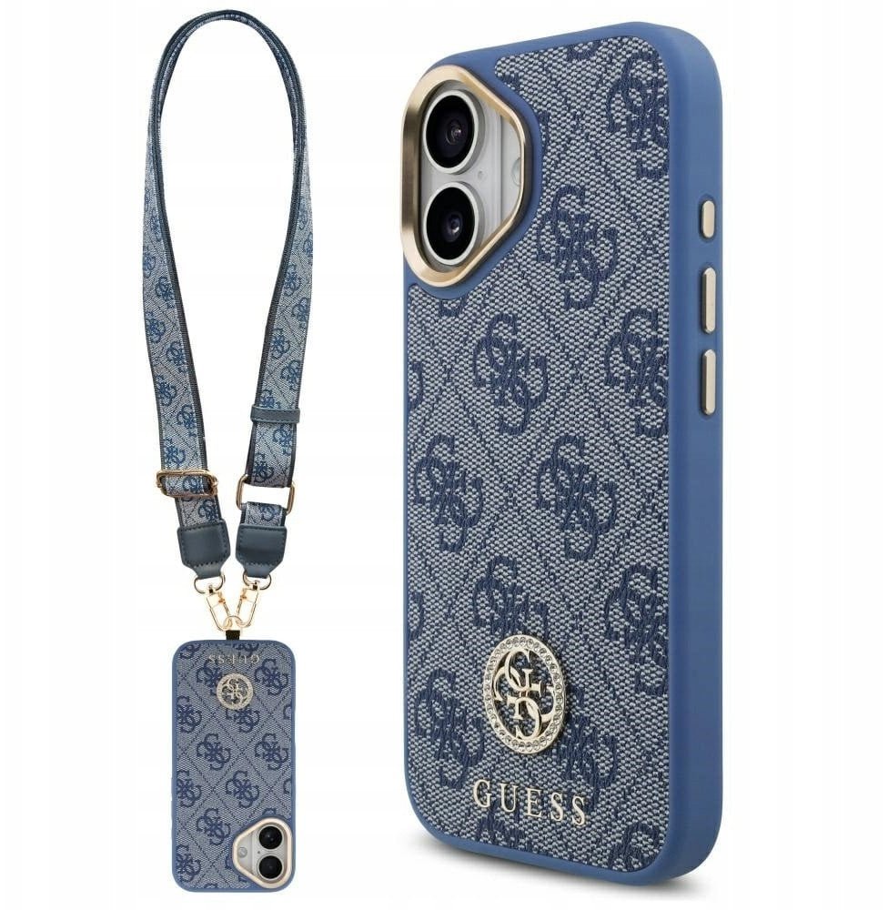 Etui Guess 4G Strass Logo & Big Strap Metal Buttons MagSafe do iPhone 17 niebieski