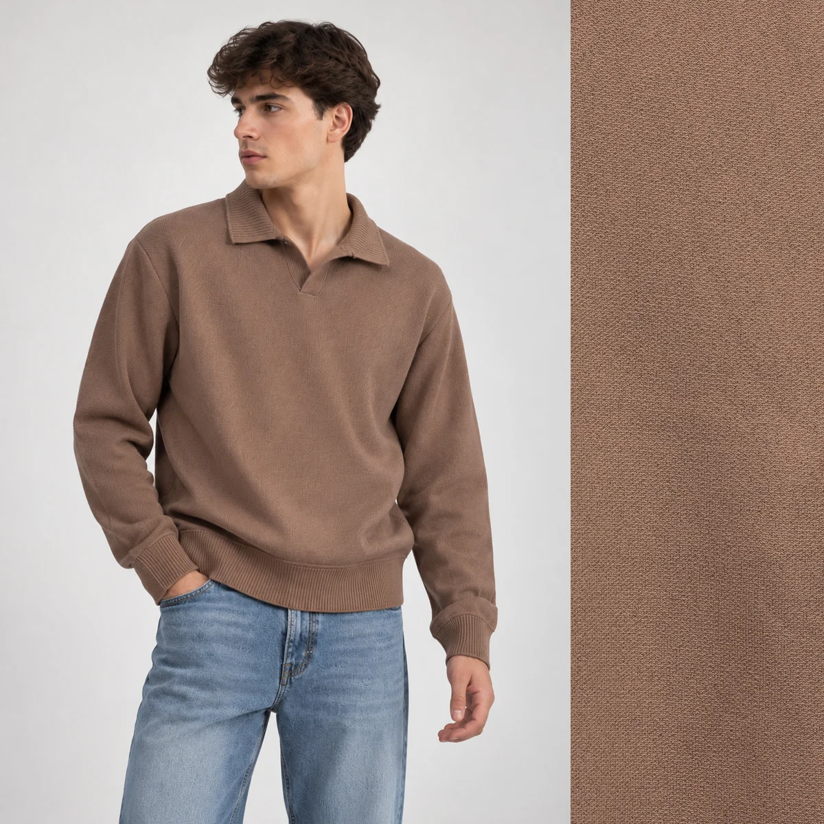 Sweter Męski Z Kołnierzykiem Klasyczny Polo Casual Elegancki Brązowy M