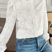 Inne - TEMU Elegancka Bluzka z Długim Rękawem i Haftowaną Koronką w Białe Kwiaty, z Falbankami na Mankietach i Guzikami, Modny Top Damski na Codzień lub do - miniaturka - grafika 1