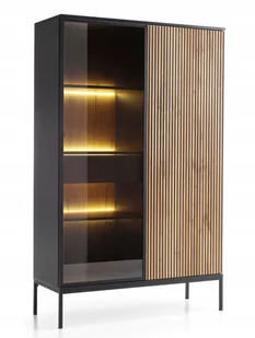 Witryna wysoka Tosena z szufladą i oświetleniem Led 104 cm Czarny/Dąb wotan - Witryny - miniaturka - grafika 1