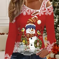 Bluzki damskie - TEMU Elegancka Damska Koszulka z Odkrytym Ramieniem na Boże Narodzenie z 3D Nadrukiem Bałwana i Świętego Mikołaja - Czerwono-Biały Kołnierzyk w Stylu - miniaturka - grafika 1