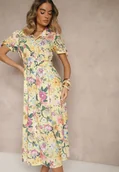 Sukienki - Żółta Koszulowa Sukienka w Kwiaty o Rozkloszowanym Fasonie z Paskiem Fevalirra - miniaturka - grafika 1