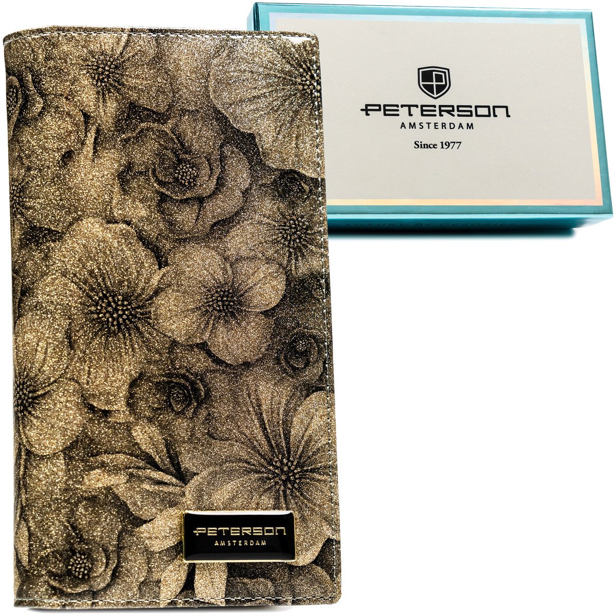 PETERSON Złoty lakierowany portfel damski z kwiatowym wzorem skóra ekologiczna i naturalna pionowy duży na magnes i suwak pudełko prezentowe ochrona..