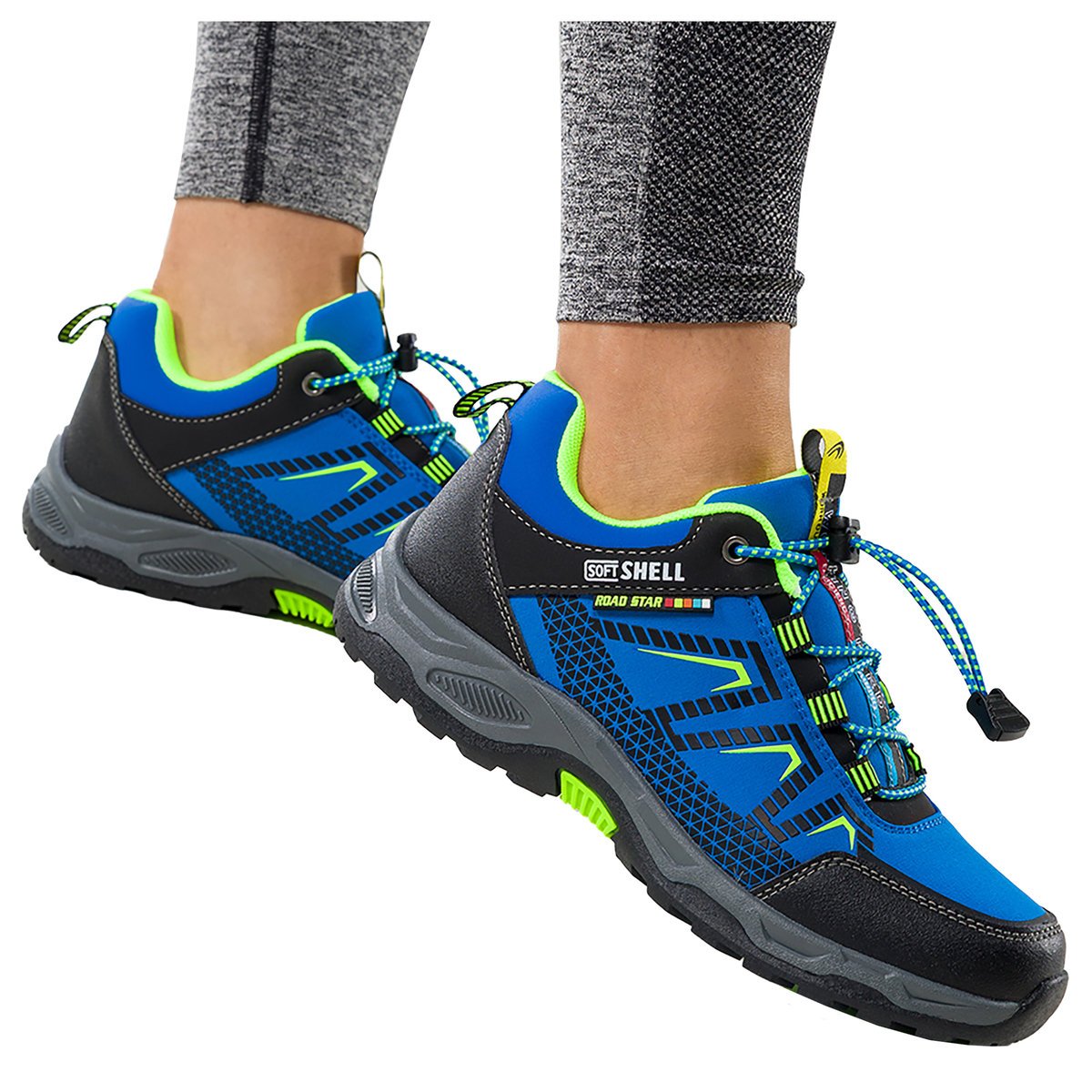 Niebieskie buty trekkingowe damskie buty sportowe na bieżnikowanej podeszwie z regulowaną elastyczną sznurówką seledynowe wstawki softshell Casu 221..