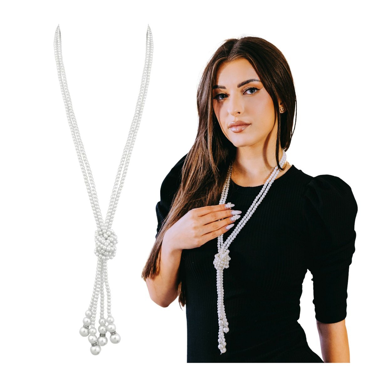 Naszyjnik Srebrny Biały Długi z Perłami Podwójny Wiązany i Regulowany