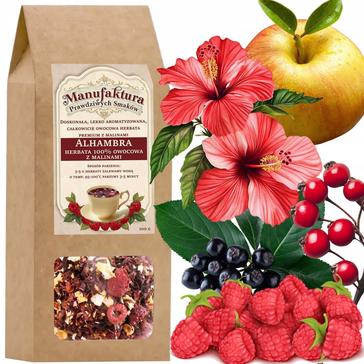 HERBATA PREMIUM 100% OWOCOWA ALHAMBRA 100g MALINY ARONIA HIBISKUS RÓŻA
