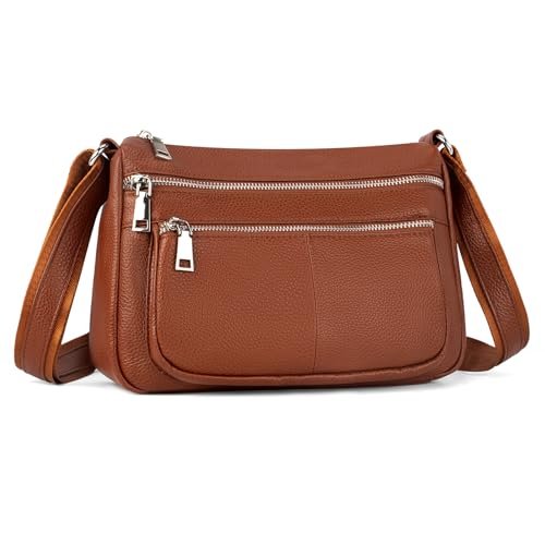 befen Torebki crossbody z prawdziwej skóry dla kobiet, damskie średnie kieszonki torby na ramię torebki z wieloma kieszeniami na zamek błyskawiczny, brązowy (Cognac Brown)