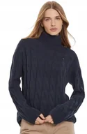 Swetry damskie - TOMMY HILFIGER GRANATOWY SWETER Z GOLFEM I WARKOCZOWYM SPLOTEM S XQA - miniaturka - grafika 1