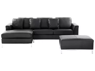 Beliani Sofa narożna P - skórzana czarna sofa z pufą kanapa OSLO - Narożniki - miniaturka - grafika 1