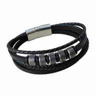 Bransolety męskie - Męska bransoletka skórzana czarna retro srebro stal nierdzewna 21 cm - miniaturka - grafika 1
