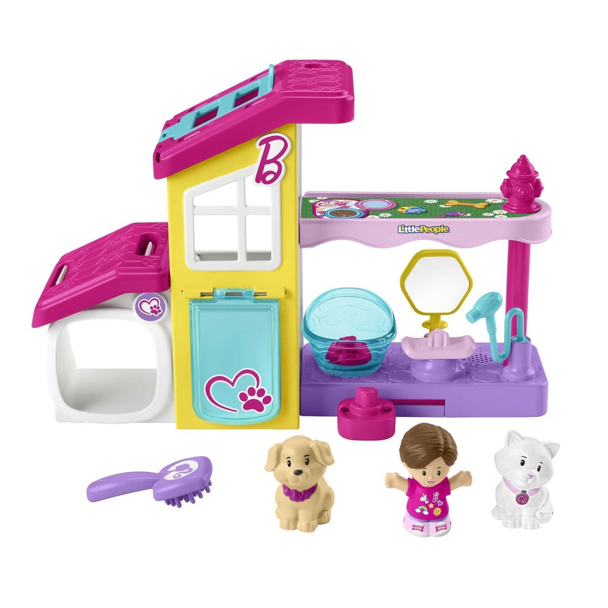 Little People Barbie Domek Spa dla zwierzątek Zestaw dla przedszkolaków z muzyką i dźwiękami, 2 poziomami zabawy i 3 figurkami HJW76
