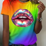 Bluzki damskie - TEMU Koszulka Damska z Grafiką Holograficznymi Ustami Tęczowymi - Krótki Rękaw, Dekolt Okrągły, Casualowa, Kolorowy Gradient, Pranie w Praniu - miniaturka - grafika 1