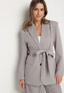 Marynarki i żakiety damskie - Szara Jednorzędowa Marynarka z Paskiem i Usztywnionymi Ramionami Diomella - miniaturka - grafika 1