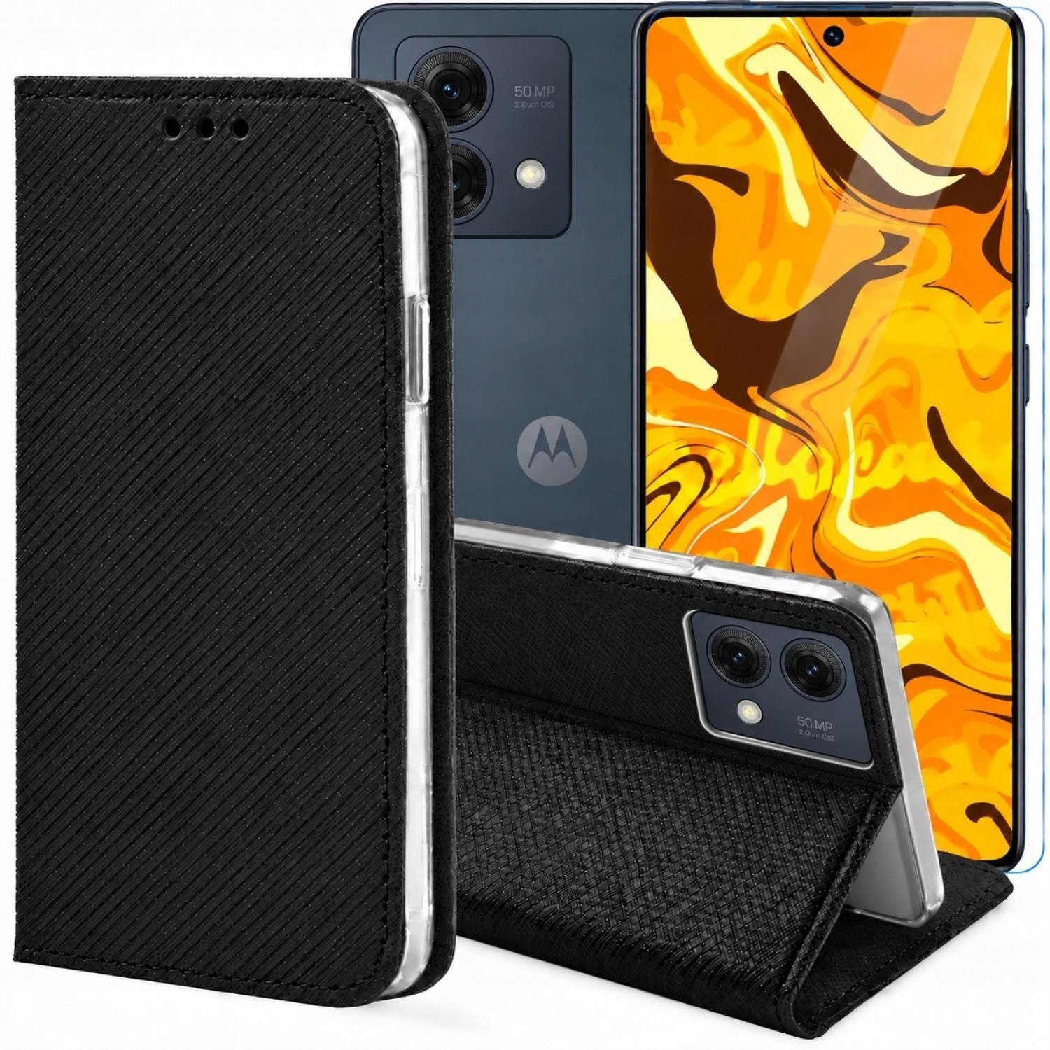 Hello Case Etui z Klapką Do Motorola Moto G84 5G Czarne, Zamykane, Kabura Szkło BNDL3327