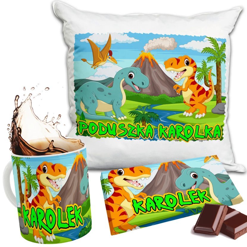 Zestaw GIGANTOZAUR DINO Kubek + Poduszka + Czekolada + Imię Prezent Nadruk