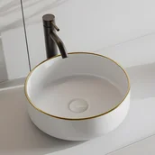 Umywalki - Umywalka nablatowa okrągła ceramiczna - Biały ze złotym brzegiem - 36 cm - LENISO II - miniaturka - grafika 1