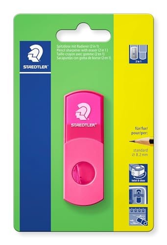 Staedtler 511SEF20BK puszka z gumką, neonowo-różowa, bez ftalanów i lateksu, do długopisów w standardowym formacie, możliwość ponownego zamknięcia, temperówka 2 w 1 w blistrze