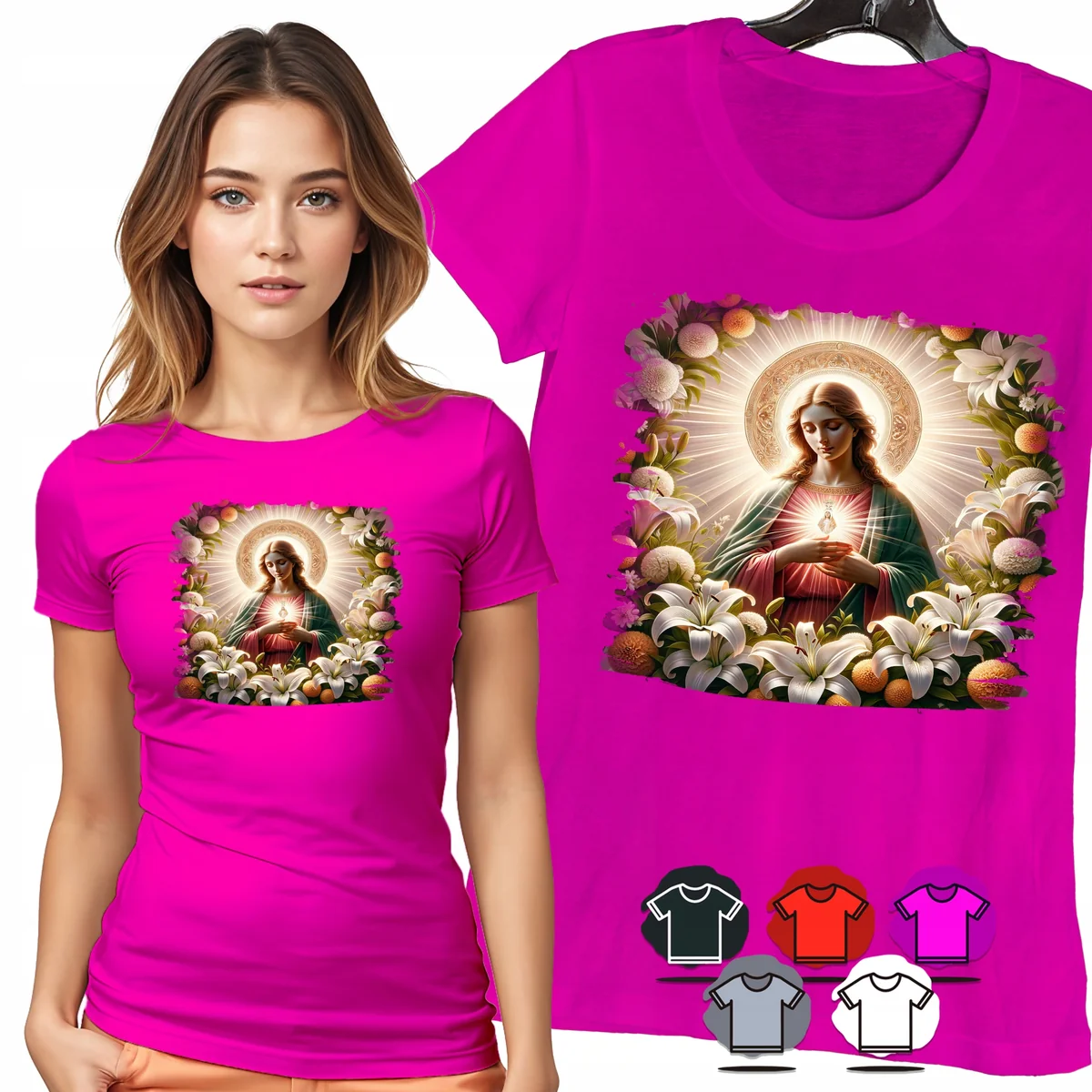 KOSZULKA DAMSKA T-SHIRT - MARYJA SERCE KWIATY WIARA DELIKATNY WZÓR - XL