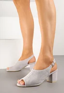 Sandały damskie - Szare Ażurowe Sandały na Obcasie ze Skórzaną Wkładką i Paskiem Amossa - miniaturka - grafika 1