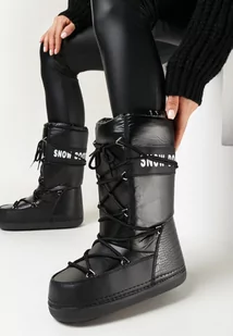 Czarne Ocieplane Śniegowce na Płaskiej Grubej Podeszwie ze Ściąganą Cholewką i Wiązaniem Heatua - Śniegowce damskie - miniaturka - grafika 1