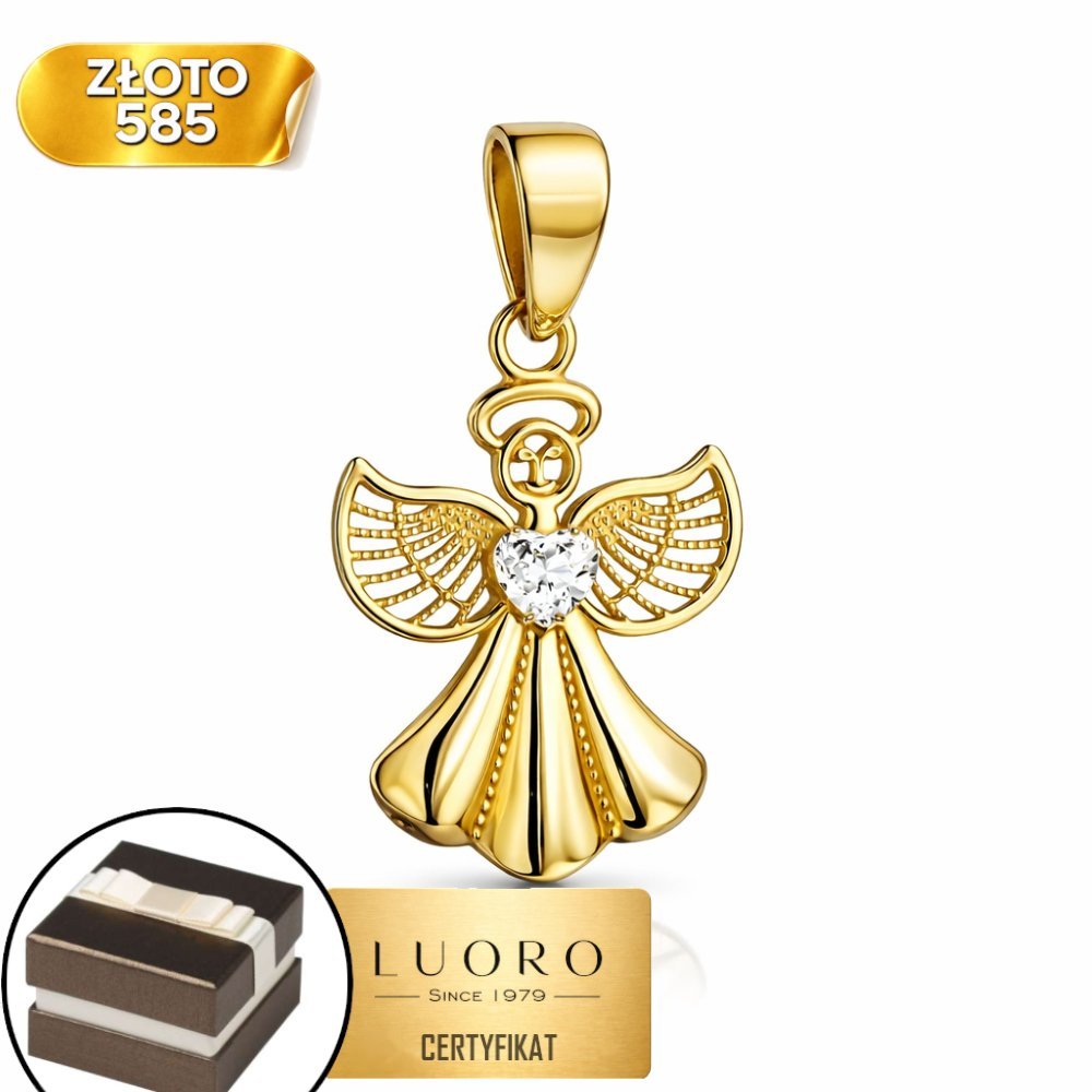 ZAWIESZKA ZŁOTA 585 14K ANIOŁEK Z SERDUSZKIEM 19 MM ELEGANCKA DELIKATNA