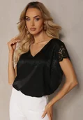 Bluzki damskie - Czarna Casualowa Bluzka z Koronką i Krótkim Rękawem Garista - miniaturka - grafika 1
