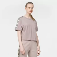 Koszulki sportowe damskie - Damski t-shirt z nadrukiem GUESS BRITNEY CROP TEE - beżowy - miniaturka - grafika 1