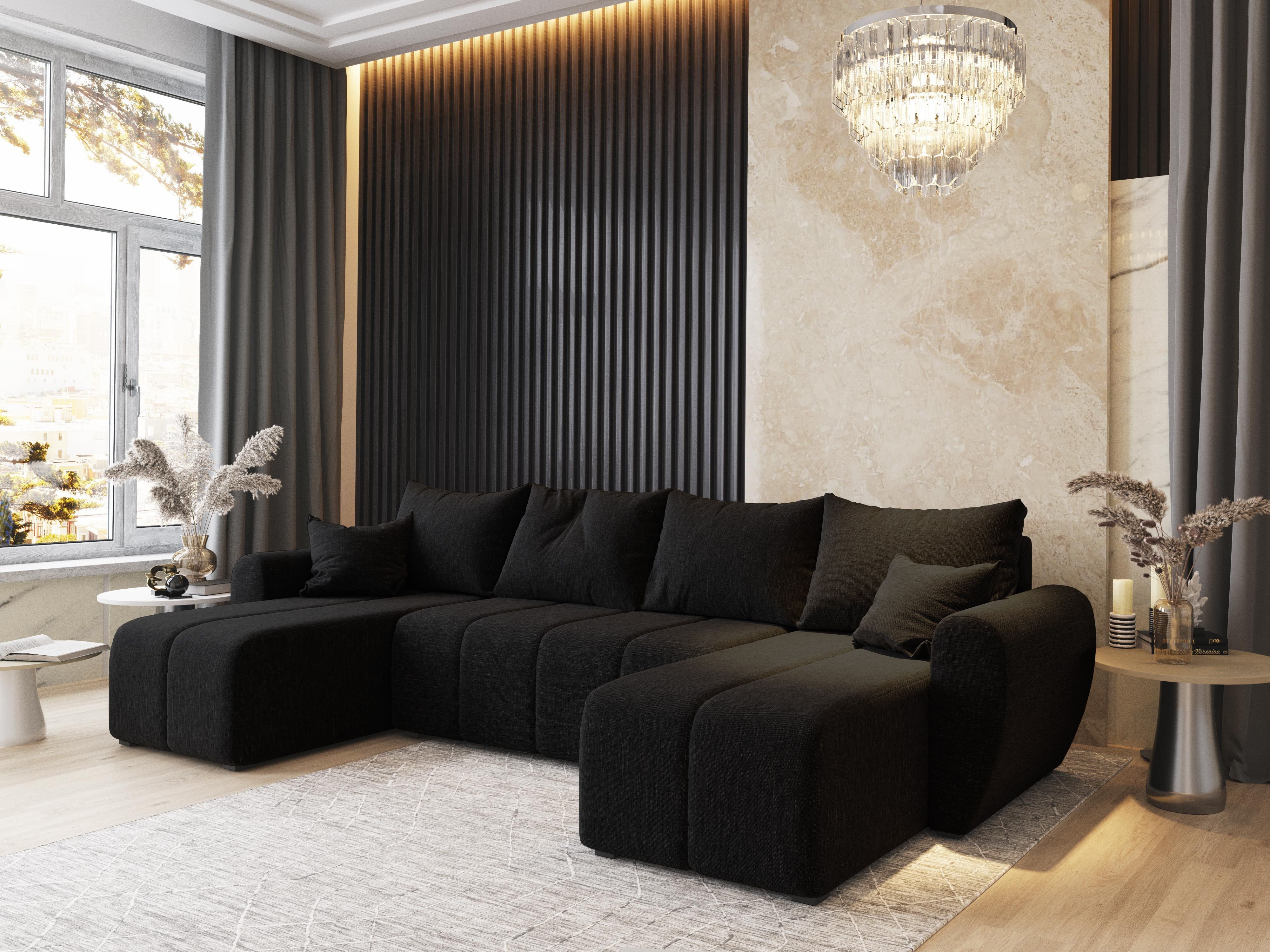 Masseno Narożnik MADISON U z funkcją spania i pojemnikiem na pościel Kształt U, Rozkładana sofa, Rogówka - Czarny, SAWANA 14