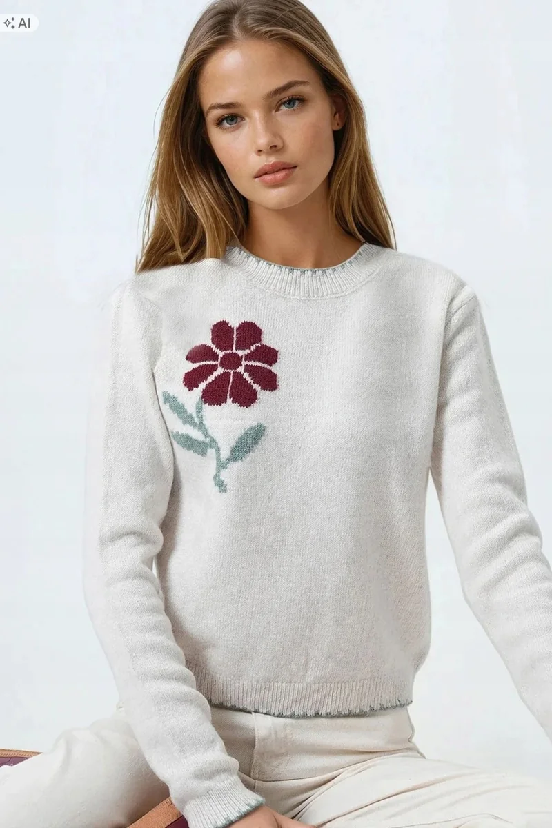 GŁADKI SWETER DAMSKI Z AŻUROWYM KWIATEM ELEGANCKI 5IA