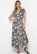 Sukienki - Czarna Rozkloszowana Sukienka Maxi z Luźnym Rękawem w Kwiatowy Print Oxeria - miniaturka - grafika 1