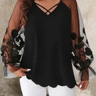 Koszule damskie - TEMU Bluzka Damska z Dekoltem w Serek, Długim Rękawem i Asymetrycznym Dołem – Czarno-Szara Koszula Casualowa z Koronkową Nakładką, Pranie Maszynowe, - miniaturka - grafika 1