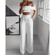 Spodnie damskie - Długie spodnie damskie z prostymi nogawkami i wysoką talią - Biały - miniaturka - grafika 1