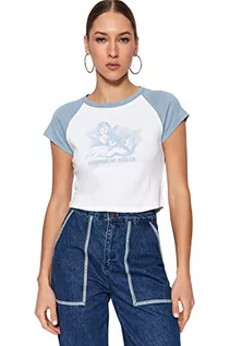 Koszulki i topy damskie - Trendyol Damska koszulka z dzianiny o dopasowanym kroju z okrągłym dekoltem, niebieski, L, NIEBIESKI, L - grafika 1